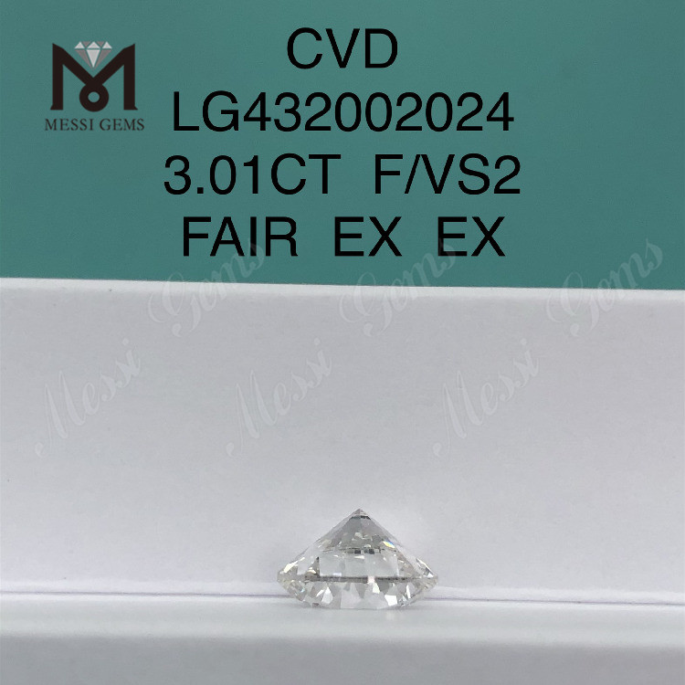 3.01 carats F/VS2 Diamant rond cultivé en laboratoire FAIR EX EX