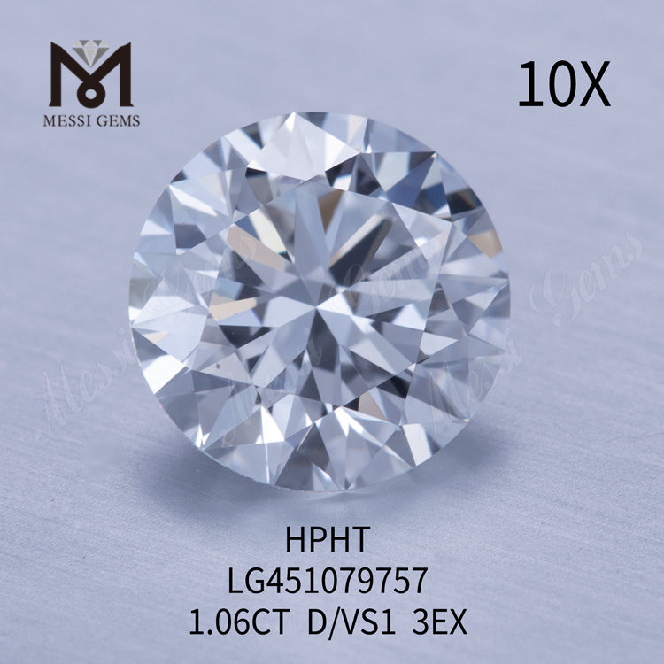 Diamants de laboratoire HPHT D VS1 RD EX Cut Grade de 1,06 ct